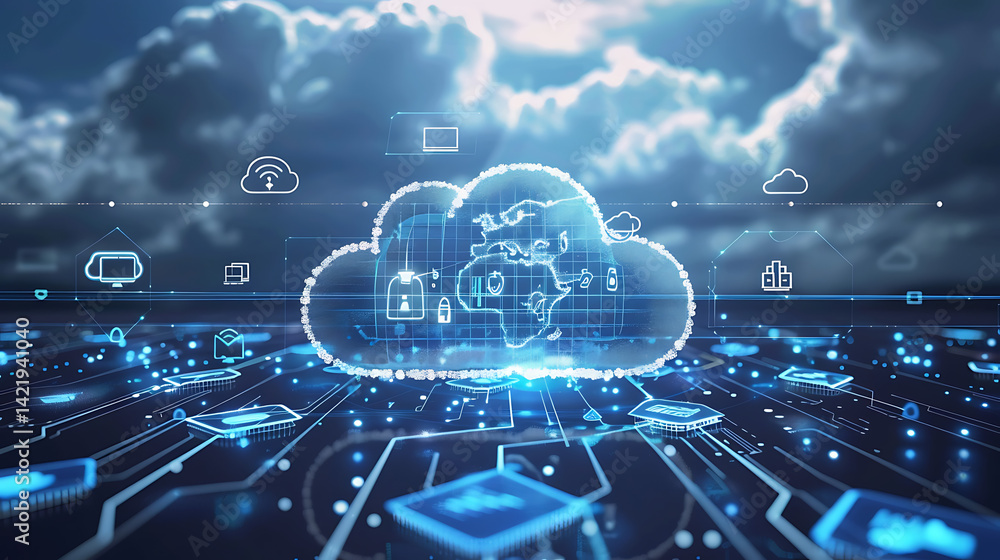 Poster conceptual illustration of cloud computing technology showing a glowing cloud icon with internal sym