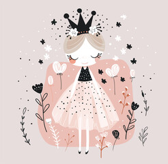 Cute little princess print for kids room. Girl in dress with crown on background with flowers, birthday card, flat vector poster.