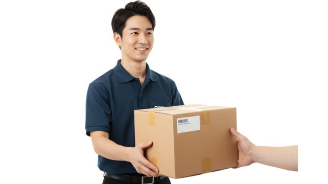 Delivery service asian man delivering package cardboard box courier shipping fast delivery service 100 on transparent background