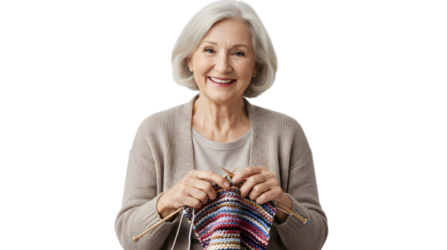 Senior woman knitting colorful yarn project hobby activity at home lifestyle happy and smiling portrait on transparent background - Powered by Adobe