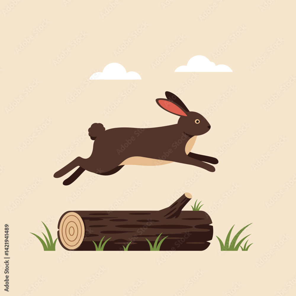 Poster brown rabbit jumping over wooden log in simple nature scene with clouds and grass vector illustratio