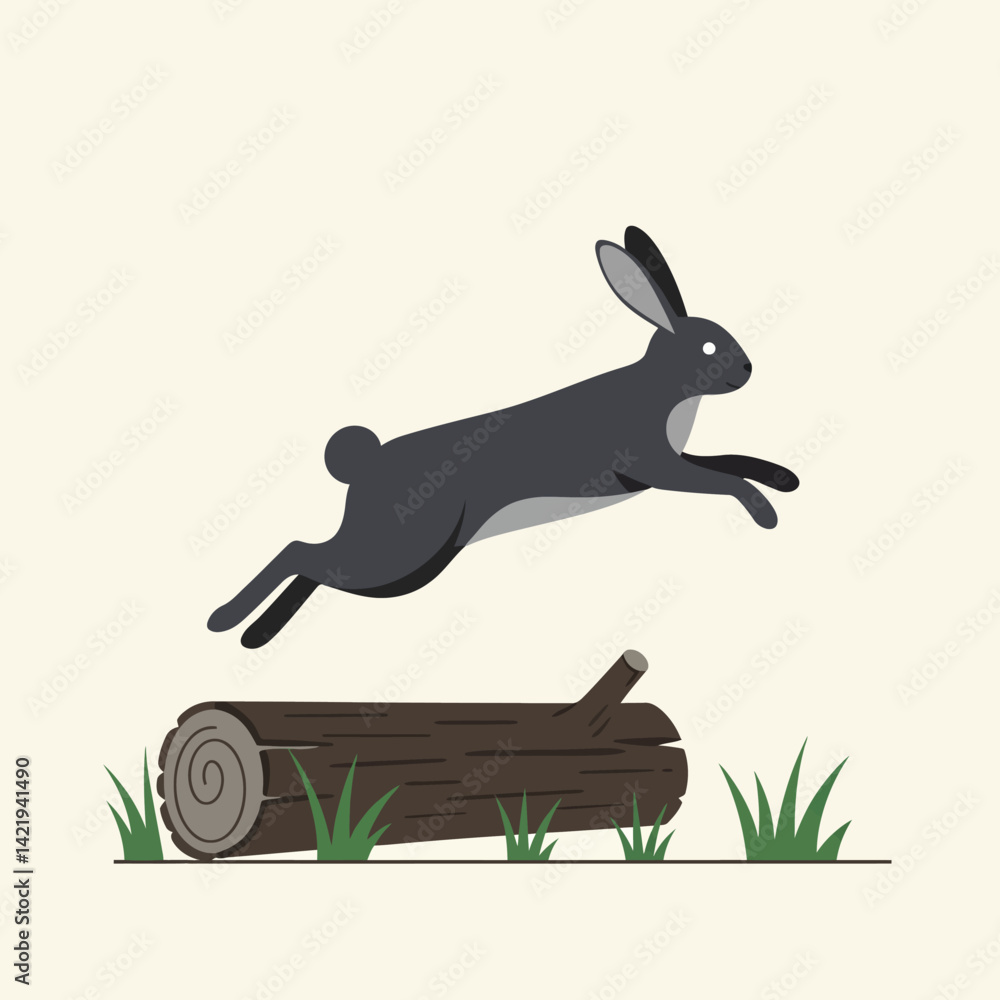 Poster black rabbit leaping over wooden log with green grass on light background in minimal style