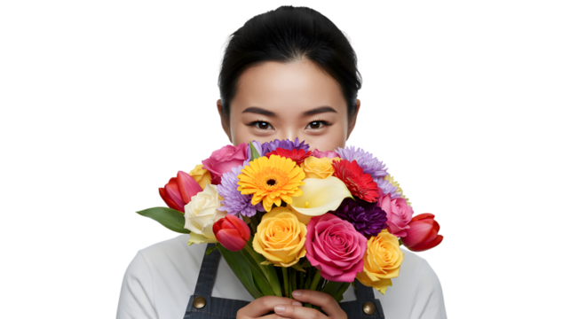 Woman florist holding colorful flower bouquet for delivery arrangement and floral shop gift ideas on transparent background