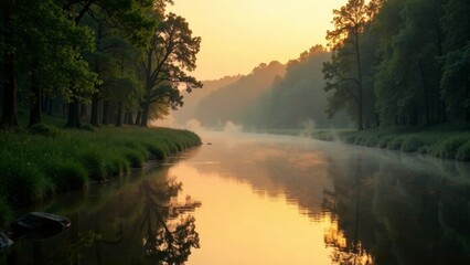 Obraz premium Serene River Mist at Sunrise A Tranquil Waterway Reflecting Golden Light Through a Misty Forest
