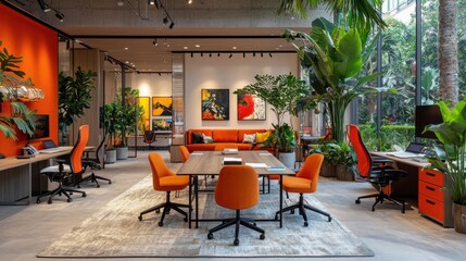 Envision a modern, hybrid work office bathed in natural light, where automated meeting scheduling seamlessly integrates with the dynamic workflow The vibrant orange accents invigorate the workspace