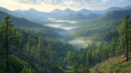 Fototapeta premium Breathtaking Forest Vista Panorama of Rolling Hills Bathed in Early Morning Light Forest Landscape Scenery