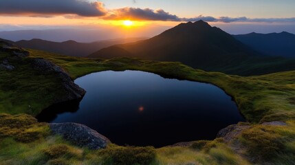 Majestic mountain sunset over tranquil alpine lake.  A serene alpine lake nestled within a rocky mountain basin, reflecting the golden sunset. Lush green meadows surround the still water,