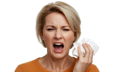 Woman with allergy symptoms holding tissue feeling unwell and needing healthcare attention now please help her on transparent background