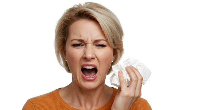 Woman with allergy symptoms holding tissue feeling unwell and needing healthcare attention now please help her on transparent background