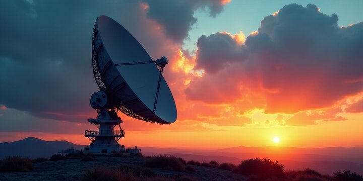 Silhouette of a large parabolic antenna at sunset, a powerful symbol of communication and exploration against a vibrant sky