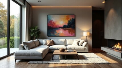 Serene Living Room Interior Design Featuring a Captivating Landscape Painting Above a Comfortable Sectional Sofa