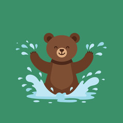 Brown bear splashing water happily on green background cheerful playful animal illustration 