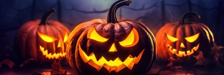 Halloween pumpkin with smoke on wooden background 3d illustration for your design. Halloween Postcard. Halloween Concept. Halloween Jack-o'-lantern Greeting Card with copy space