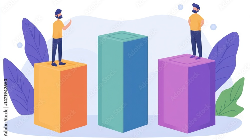 Poster two men stand atop colorful 3d bar graph blocks, set against a soft background with leaves. pixel ar