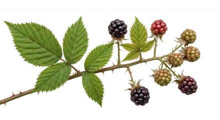 Blackberry Branch Displaying Ripening Stages from Green to Black Isolated on White Background Featuring Detailed Fruit Structure and Leaf Arrangement Perfect for Botanical Illustrations
