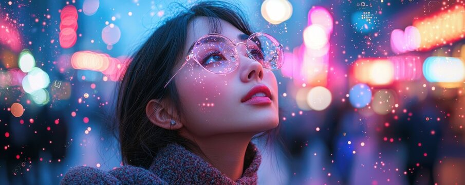 In a mesmerizing fusion of technology and human observation, a young woman with captivating eyes gazes upwards, her attention drawn to an unseen spectacle above Her transparent glasses overlay a