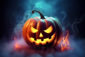 Naklejka premium Halloween pumpkin with smoke on wooden background 3d illustration for your design. Halloween Postcard. Halloween Concept. Halloween Jack-o'-lantern Greeting Card with copy space