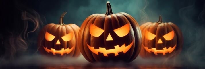 Halloween pumpkin with smoke on wooden background 3d illustration for your design. Halloween Postcard. Halloween Concept. Halloween Jack-o'-lantern Greeting Card with copy space