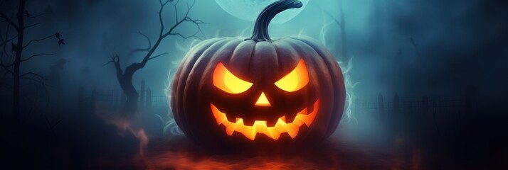 Naklejka premium Halloween pumpkin with smoke on wooden background 3d illustration for your design. Halloween Postcard. Halloween Concept. Halloween Jack-o'-lantern Greeting Card with copy space