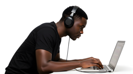 Man using laptop wearing headphones for coding programming or studying online course in the evening time on transparent background