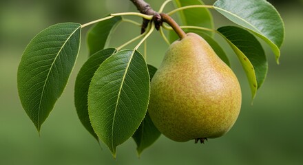 Close Up of a Pear Hanging on a Branch with Green Leaves Detailed Shot of a Fruit Showing its Morphology and Leaf Structure with a Natural Green Blurred Background in Daylight