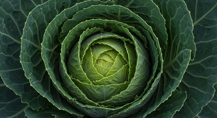 Obraz premium Close Up of a Fresh Green Cabbage Head with Detailed Leaf Layers Showing Intricate Textures and Patterns in Natural Light Perfect for Food and Healthy Lifestyle Advertising