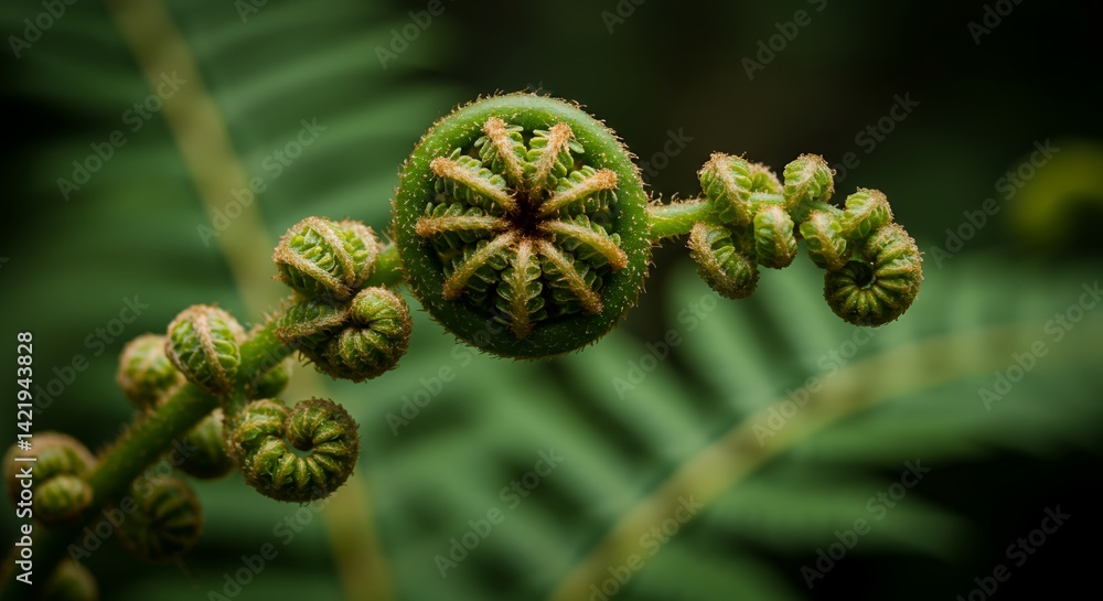 Poster close up of an unfurling fiddlehead fern frond highlighting emerging structure and detailed texture 