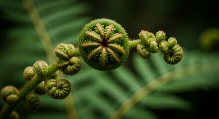Close Up of an Unfurling Fiddlehead Fern Frond Highlighting Emerging Structure and Detailed Texture Against a Soft Green Background with Natural Light Emphasizing New Growth