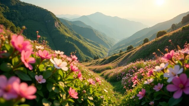 Serene mountain valley vista, adorned with a vibrant profusion of delicate wildflowers basking in the golden sunlight of a tranquil evening