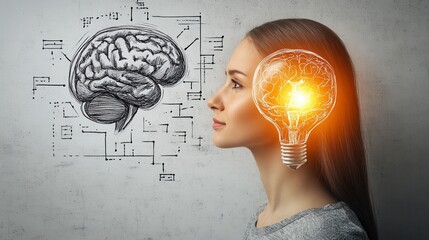 Woman with glowing lightbulb brain and sketched brain on wall. Conceptual image of ideas, innovation, and intelligence.