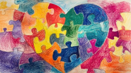 Child drawing on paper of a large colorful heart puzzle