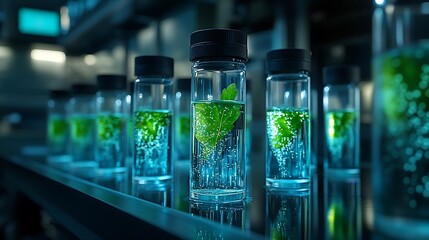 Laboratory vials holding plant tissue cultures.