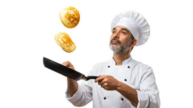 Chef flipping pancakes in the air professional cooking breakfast food preparation culinary expertise skills on transparent background