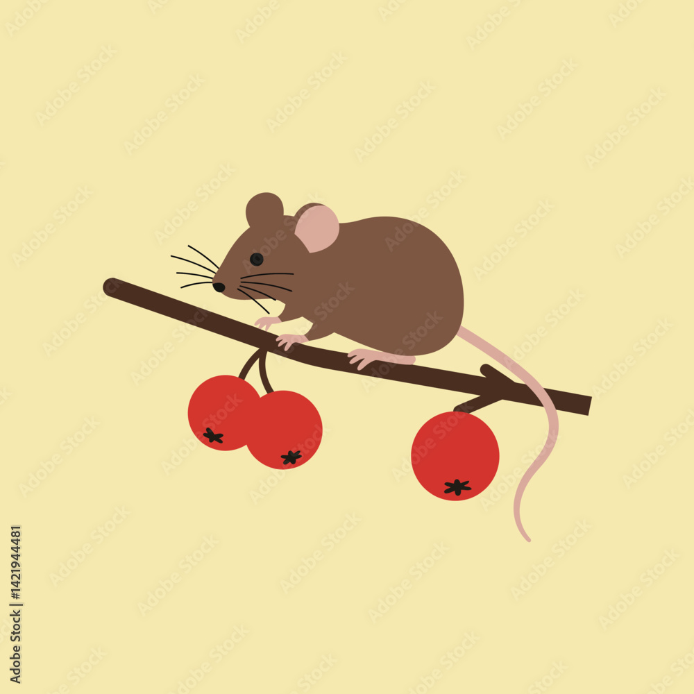 Poster brown mouse perched on branch with red berries simple minimalistic vector illustration natural theme