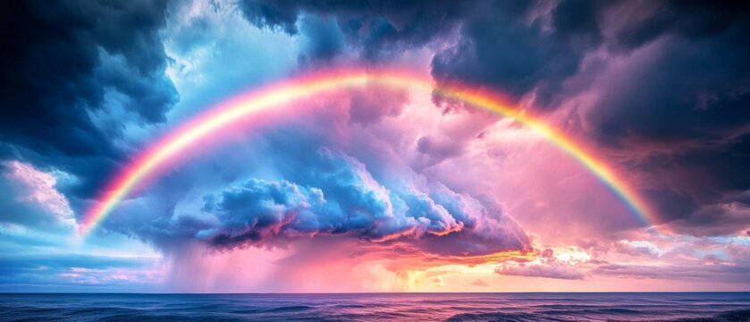 Rare rainbow shelf cloud over ocean horizon at sunset
