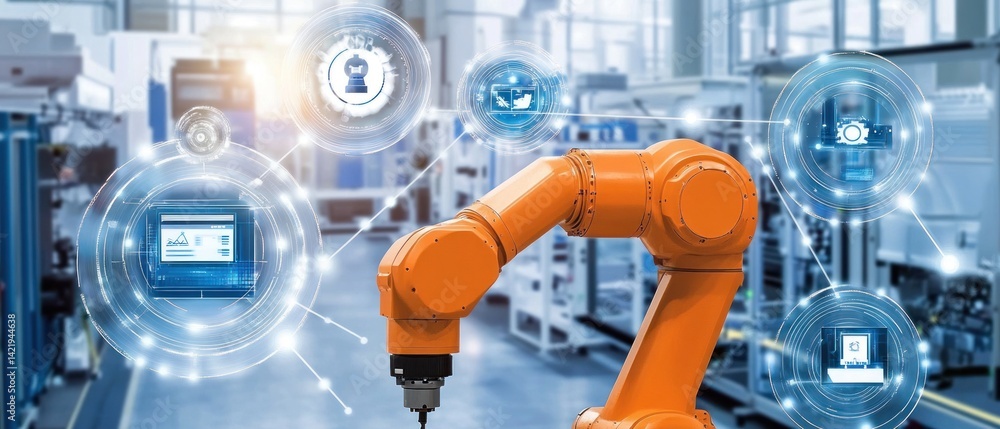 Aufkleber smart factory automation: robotic arm and digital interfaces