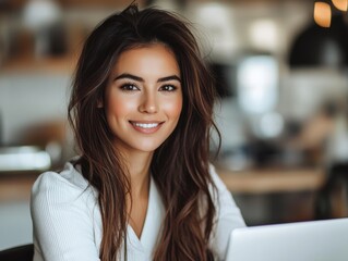 Obraz premium In the softly lit ambiance of her home office, a poised businesswoman engages in a virtual meeting, her professional demeanor unwavering as she navigates spreadsheets and online communication Yet, a