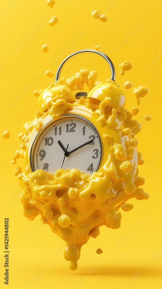 Poster cheeese's day concept. clock encased in yellow fluid, creating a surreal visual effect.