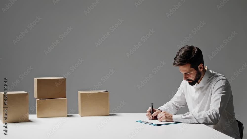 Poster concentrated young storekeeper writing notes on clipboard while sitting at table with cardboard boxe