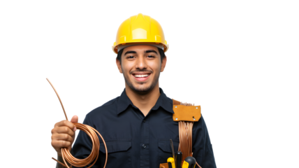 Smiling hvac technician holding copper tubing for air conditioning and heating repair service work on transparent background
