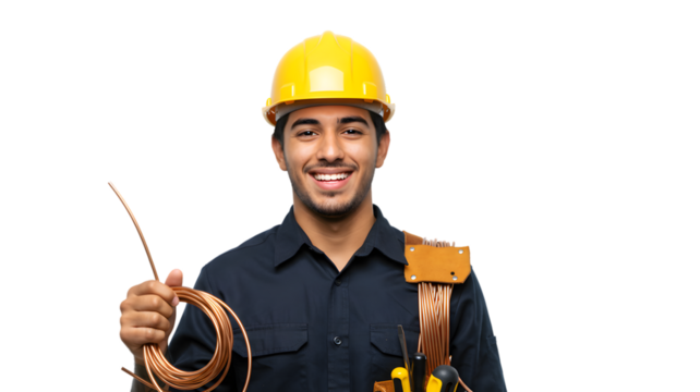 Smiling hvac technician holding copper tubing for air conditioning and heating repair service work on transparent background