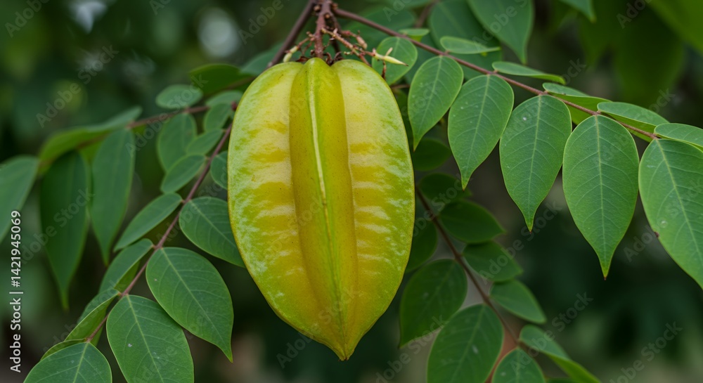 Poster close up of starfruit averrhoa carambola hanging from branch amidst lush green leaves displaying dis
