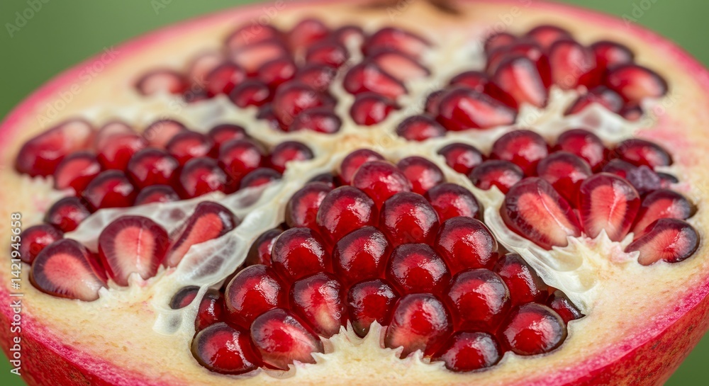 Poster closeup pomegranate half showing red arils with white pulp on green background emphasizing freshness