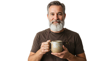 Man holding ceramic mug pottery cup coffee tea drink artisan handmade craft potter art studio workshop on transparent background