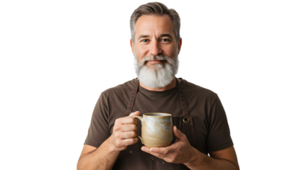 Man holding ceramic mug pottery cup coffee tea drink artisan handmade craft potter art studio workshop on transparent background