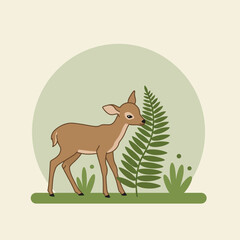 Obraz premium Young deer standing near green fern with circular background in natural earthy tones illustration 