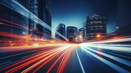 Light trails on the modern building background. Light trails at night in urban environment, Abstract Motion Blur City, traffic, transportation, street, road, speed.