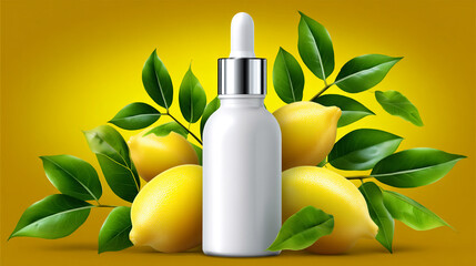 Dropper Glass Bottle Mockup With Lemon and Leaf Arrangement for Design and Branding Projects
