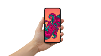 Hand holding smartphone with colorful abstract art wallpaper mobile phone device display technology on transparent background