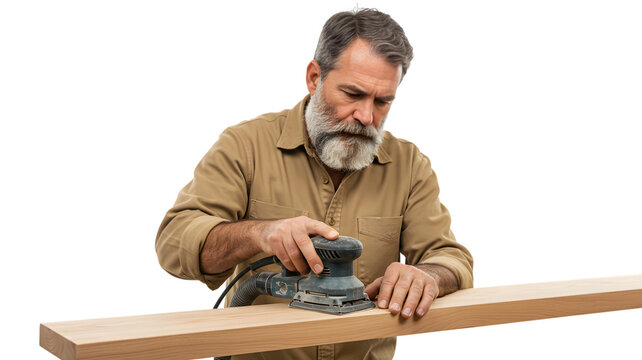 Man sanding wood with orbital sander woodworking project diy craftsman carpentry hobbyist woodworker project 99 on transparent background